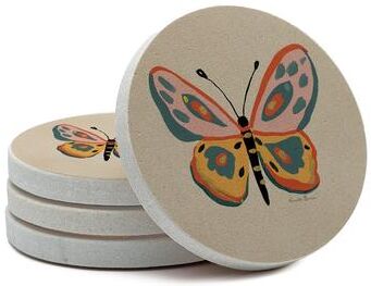 Thirstystone Fluttering 4 Pack Round Natural Sandstone Coasters with Protective Cork Backing Manufactured in The USA