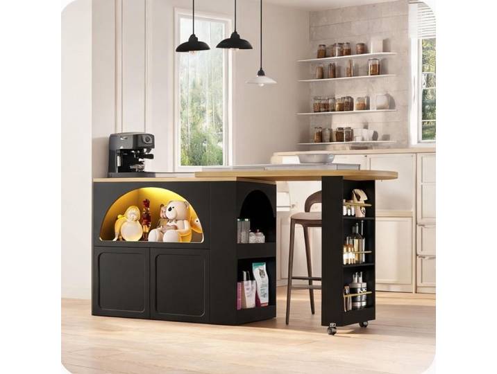Table de bar extensible 135-205 cm avec rangement et LED noir élégant idéale salon ou cuisine