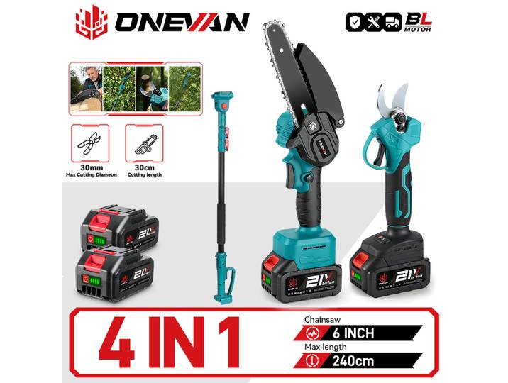 Scie à chaîne télescopique électrique sans balais ONEVAN 4-en-1, cisailles pour branches hautes, outil de jardinage pour batterie 21V 18V
