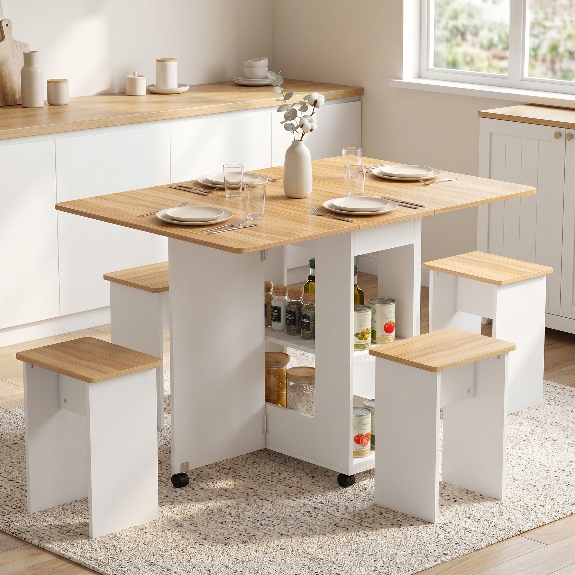 Homcom Set tavolo da pranzo pieghevole con 4 sedie e ruote, rovere   Aosom Italy