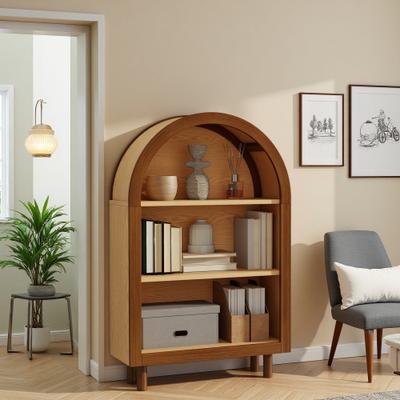 ZWYO HOSIMU Arched Small Bookcase with 3 Shelves & Glaze Finish Wooden Storage Cabinet for Living Room Bedroom Entryway