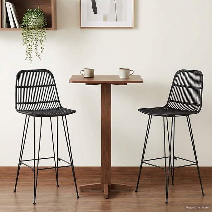 Barhocker Schwarz 2er Set mit 44x55x109cm Rattan und Stahl Sitzhöhe 75cm für Küche Bar Theke Tresen Hochstuhl mit Polster Fußstütze und Drehfunktion für Gastronomie und Privathaushalt