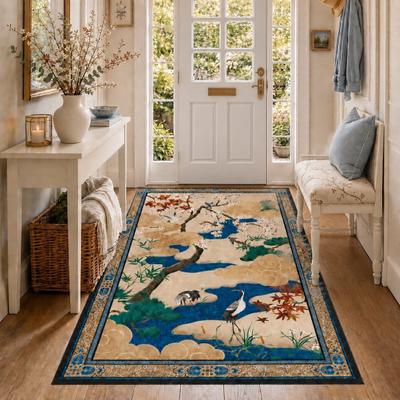 Bluebell Washable Oriental Area Rug, Non-Slip Low-Pile Floral Bird Design