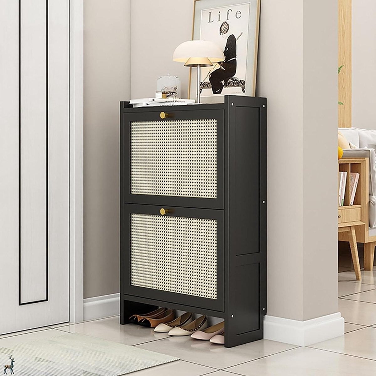 Zwarte schoenenkast met rotan voor in de hal of slaapkamer, Breedte: 50 cm