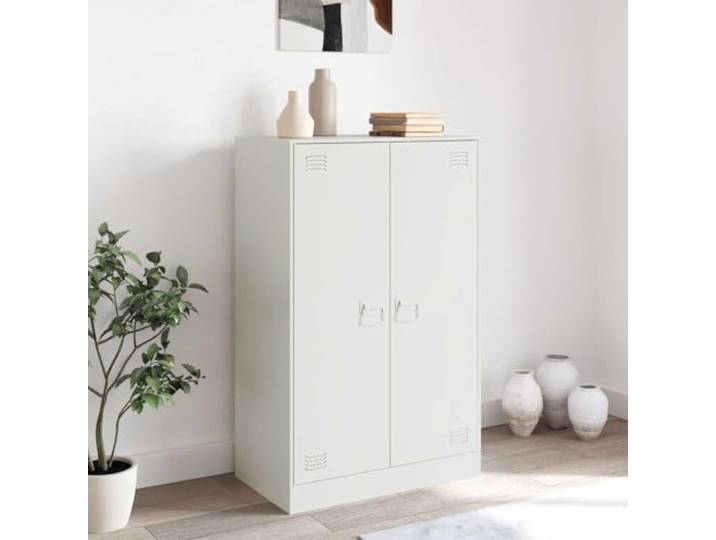 KTHLBRH Sideboard weiß 67 x 39 x 107 cm Stahl laminiert 6 Fächer, 2 Türen, 2 Metallgriffe, 90 kg Tragkraft, einfache Reinigung
