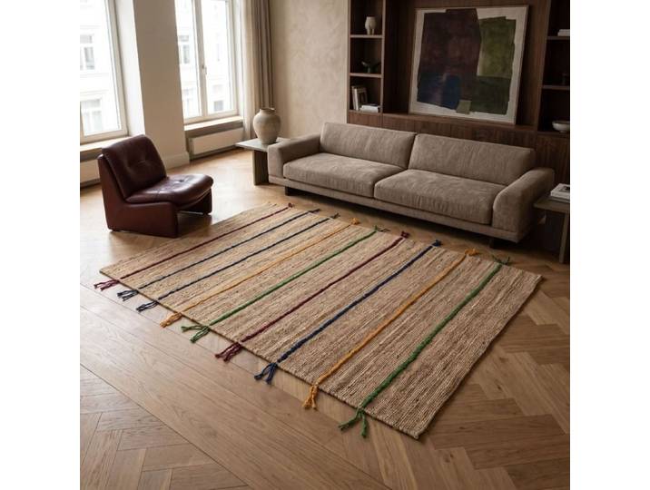 Tapis jute avec tresses en laine multicolores 120x170 - style bohème
