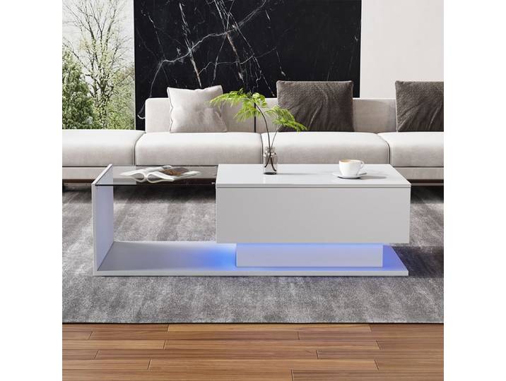 Table basse brillante moderne- SEYAKANY- avec plateau et tiroirs en verre-100x50x32 cm-blanc