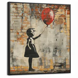 LEINWAND Bilder mit Rahmen - Graffiti - Banksy - Mädchen - Straßenkunst - 90x90