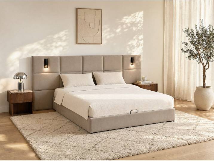 Bett mit Bettkasten mit Kopfteil & integrierter Lampe - 160 x 200 cm - Samt - Taupe - SARETO