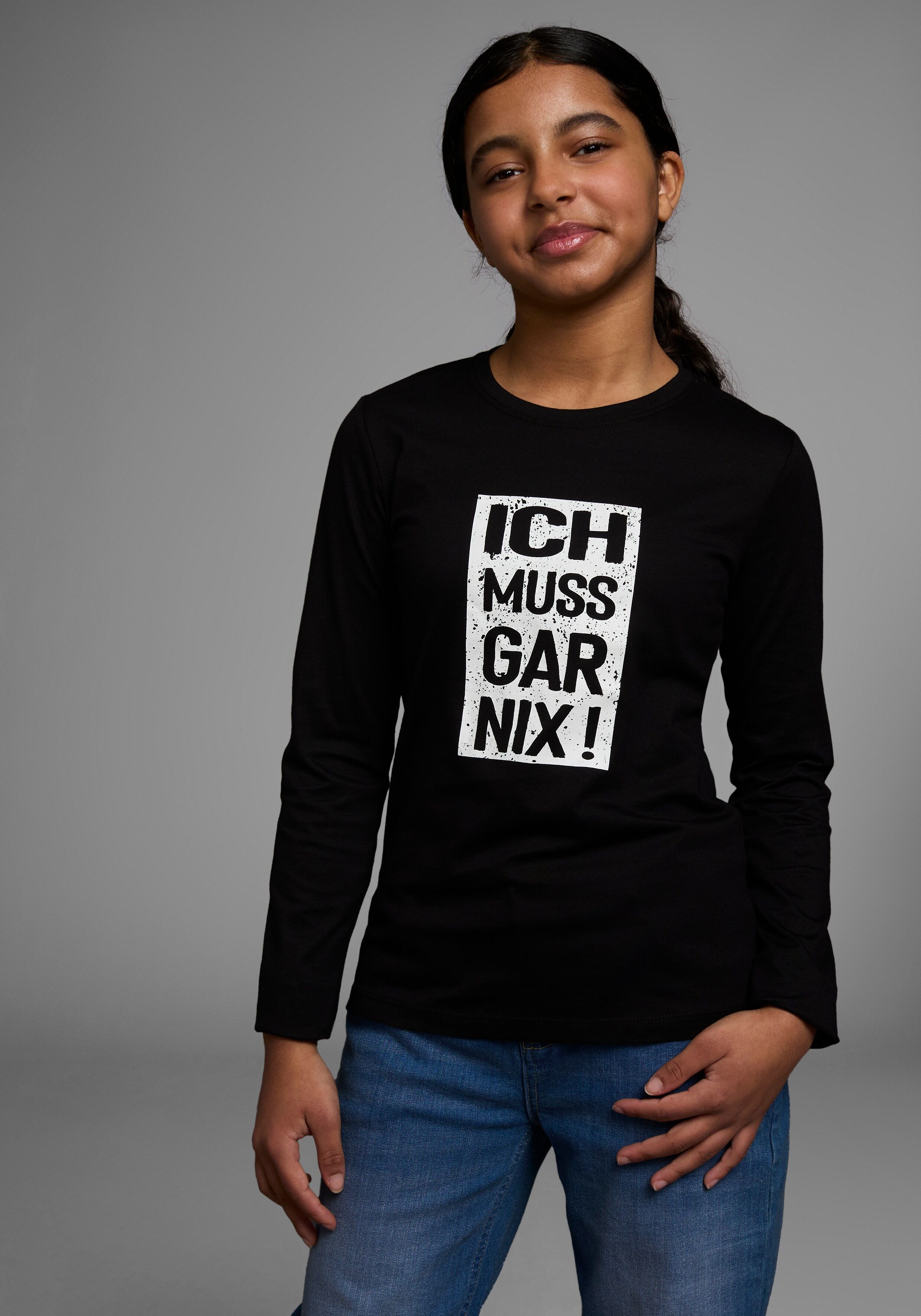 Langarmshirt KIDSWORLD "Ich muss gar nix", Mädchen, Gr. 164/170, schwarz, Single Jersey, Obermaterial: 100% Baumwolle, bedruckt, Basic, Rundhals, Shirts Langarmshirt, Langarm, Basic-Passform, bedruckt, Rundhalsausschnitt schwarz 164/170