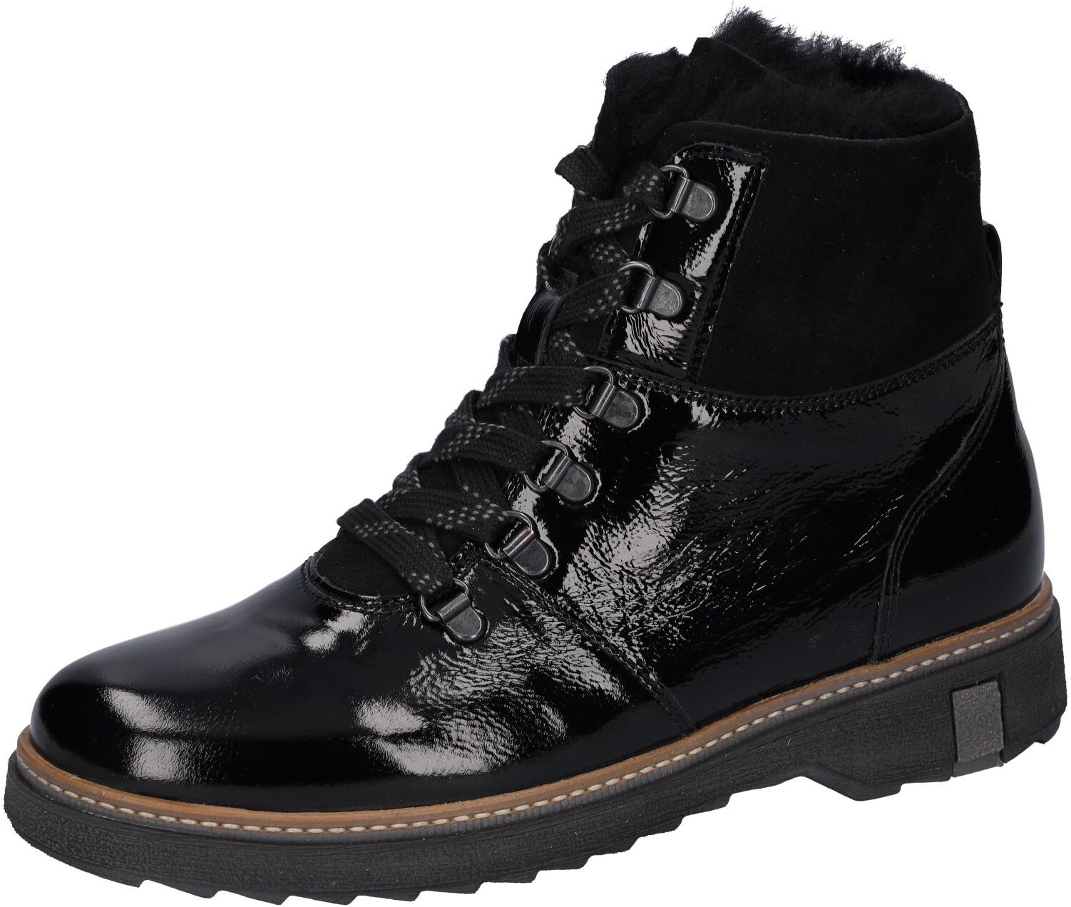 Schnürboots WALDLÄUFER "Hitomi", Damen, Gr. 6,5, Lammfell Warmfutter, schwarz, Lackleder, Lammfell, Schuhe Schnürboots, in Lack-Optik, H-Weite schwarz 6,5, Lammfell Warmfutter