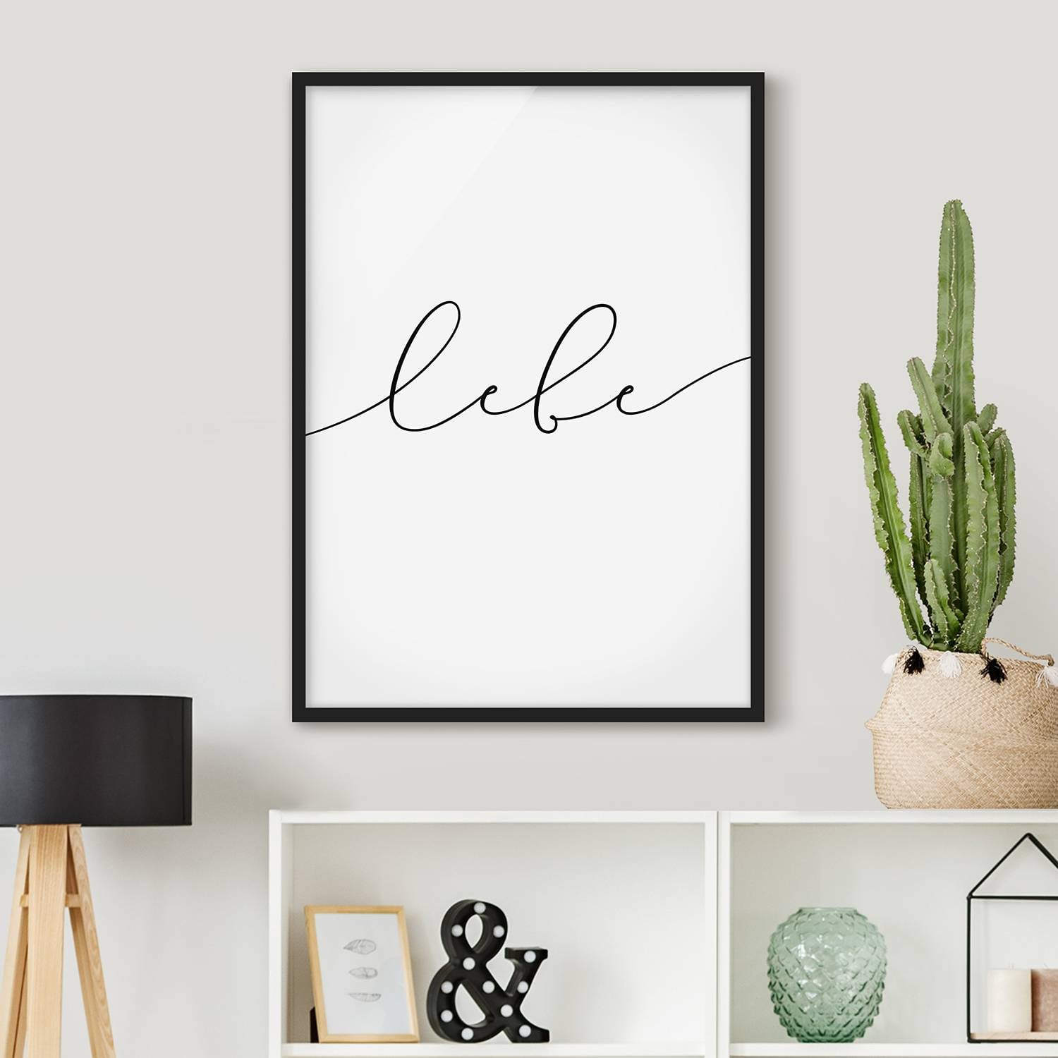 home24 Lebe Kalligrafie poster met wit houten frame, 50 x 70 cm