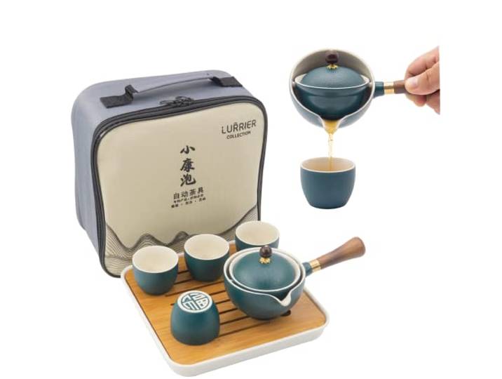 LURRIER Chinesisches Gongfu-Tee-Set aus Porzellan, tragbares Teekannen-Set mit 360 Grad drehbarem Teebereiter und Teesieb, tragbare All-in-One-Geschenktasche für Reisen, Zuhause, Geschenk, Outdoor und