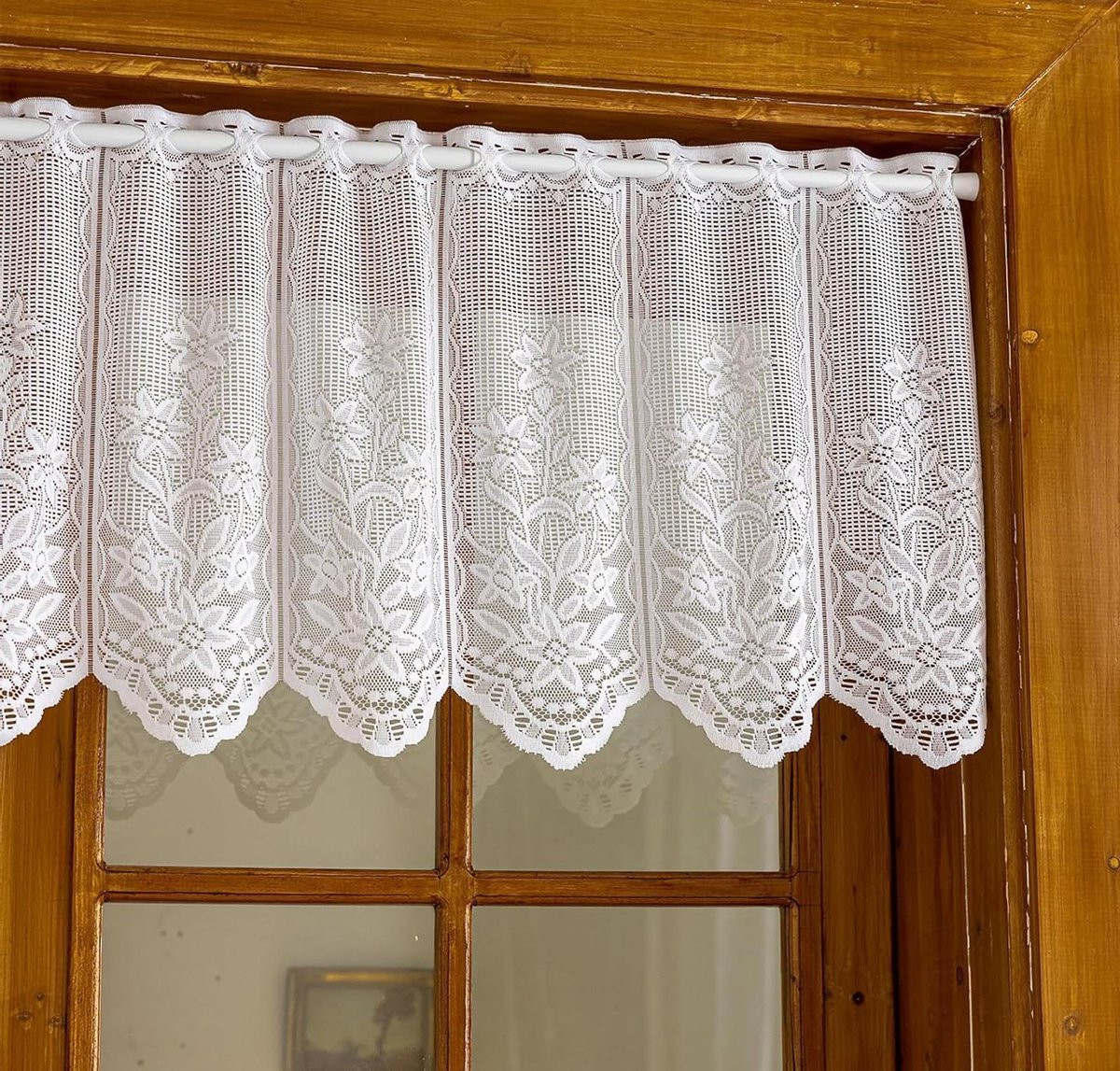 Wit bistrogordijn met bloemenmotief, lichtdoorlatend kant, 180 x 45 cm