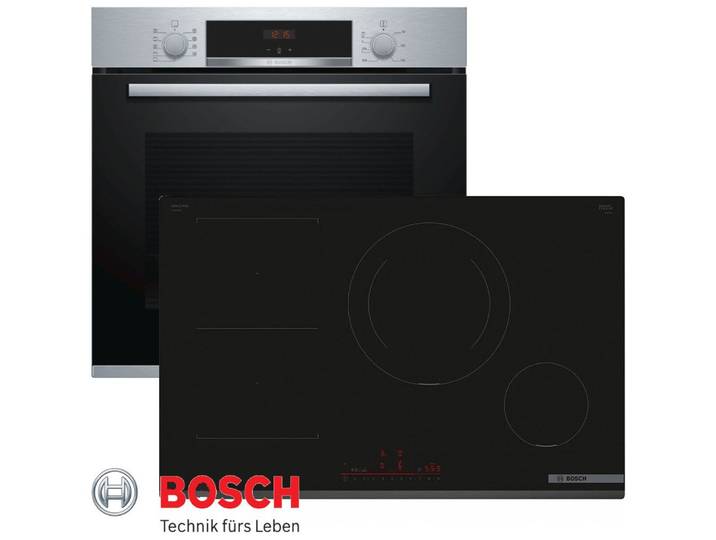 BOSCH Induktions Herd-Set Autark Backofen Silber mit Teleskop + Kochfeld Induktion 80cm, mit 1-fach-Teleskopauszug