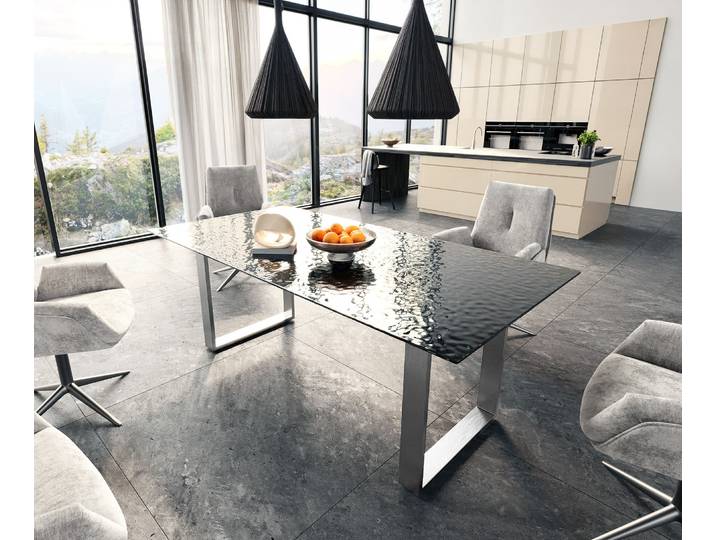 DELIFE Esstisch Edge 200x100 Reliefglas Rauchschwarz 3D-Design Edelstahl Schmal, Esstische