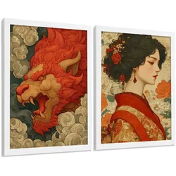 POSTER 2er-Set dekorative Badezimmer-Kunstdrucke, im japanischen Stil für Wand, Toilette mit orientalischem Drachen und Frau Weißer Rahmen A3