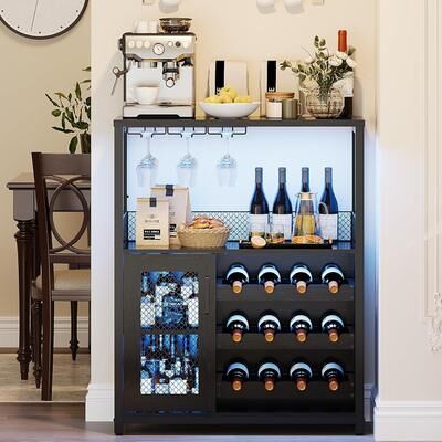 Garvee 3-Tier Black Wine Bar Cabinet with LED & Detachable Rack