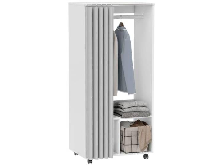 HOMCOM Armoire Penderie Mobile Dressing avec Rideau 60x40x128cm Blanc Armoire de Rangement\, 4 Roulettes\, Tringle de Suspension\, Étagères\, Penderie Vêtement Roulant\, pour Chambre