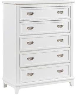 Benjara Sely Tall Dresser Chest, 5 Drawers, White Wood, Nickel Ring Handles
