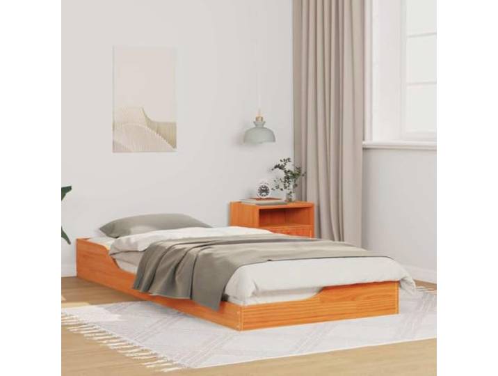 Massives Kiefernholz Plattformbettrahmen Modernes Niedriges Design Braun 90 Bettgestell Massives Kiefernholz Wachsbraun 90x210 cm mit Nachttisch Schublade Stabil Plattformbettrahmen Modern