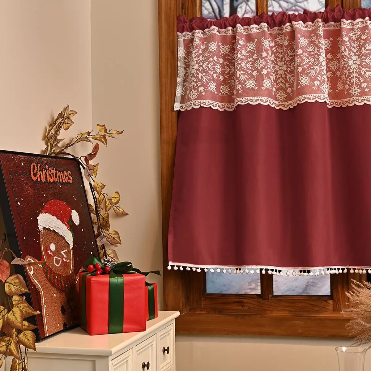 INF Rideau de Noël : Rideau de fenêtre semi-transparent à motif de flocon de neige avec bordure à pompons XL