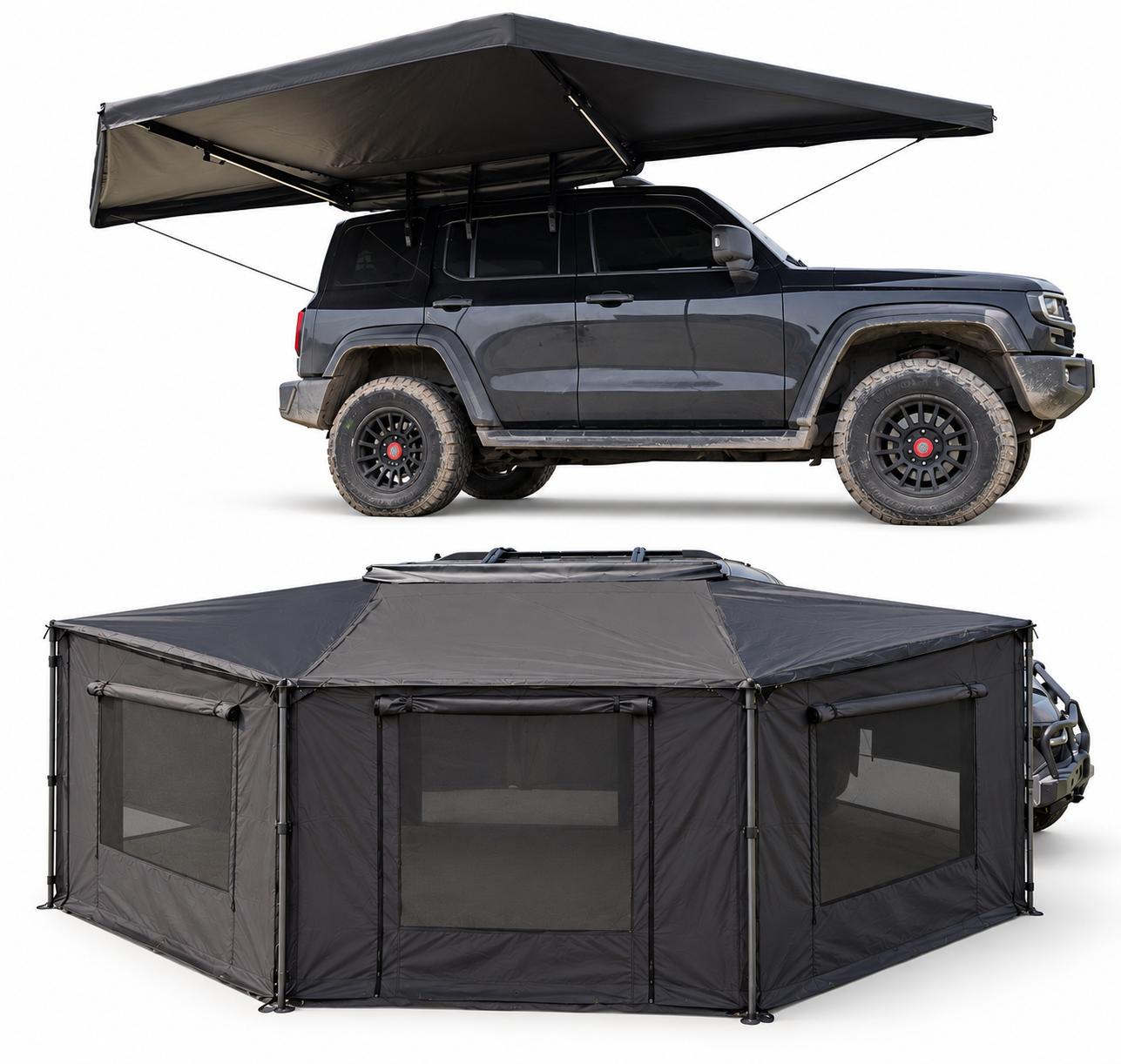 Dachzelt Autodachzelt 180° Markise mit Vorzelt und LED 694x328cm (255x14x17cm eingeklappt) Schwarz Camping Auto