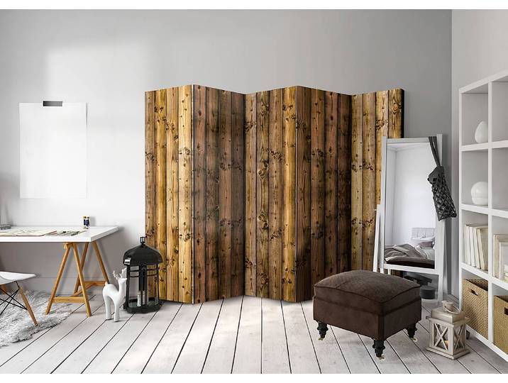 Paravent Country Cottage acoustique Intissé sur bois massif Marron 225 x 172 x 3cm