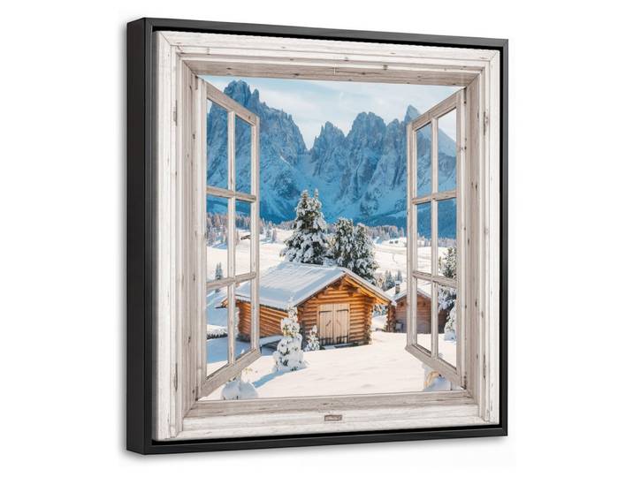 LEINWAND Bilder mit Rahmen - Winterlandschaft - Hütte - Berge - Ausblicke - Aussicht - Natur - 20x20