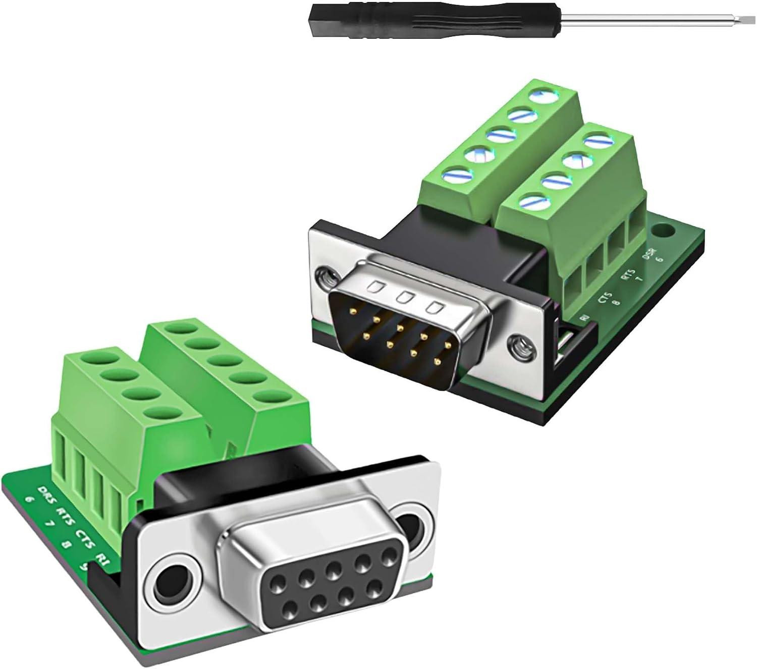DB9 breakout board met 1x DB9-connector, 1x DB9-stekker en schroefklemmen voor RS232-apparaten