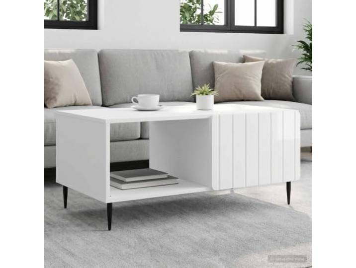 Couchtisch Hochglanz Weiß 90x50x40 cm Holzwerkstoff mit Metallbeinen Moderner Salontisch, rechteckig, pflegeleichte Oberfläche, viel Stauraum, flexible Aufstellung