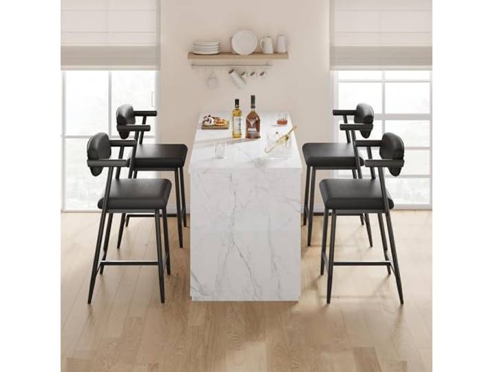 IDEALHOUSE 2er-Set Barhocker mit Armlehnen, gepolstertem Sitz & Holzrücken – stabiles Metallgestell, Fußstütze – ideal für Kücheninsel, Bar oder Spielzimmer