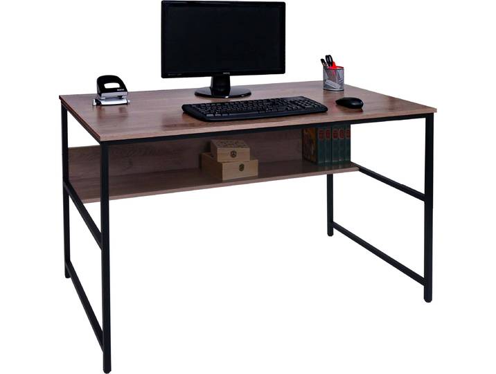 Schreibtisch HWC-K80, Bürotisch Computertisch Arbeitstisch Ablage, Metall MDF 120x60cm grau-braun