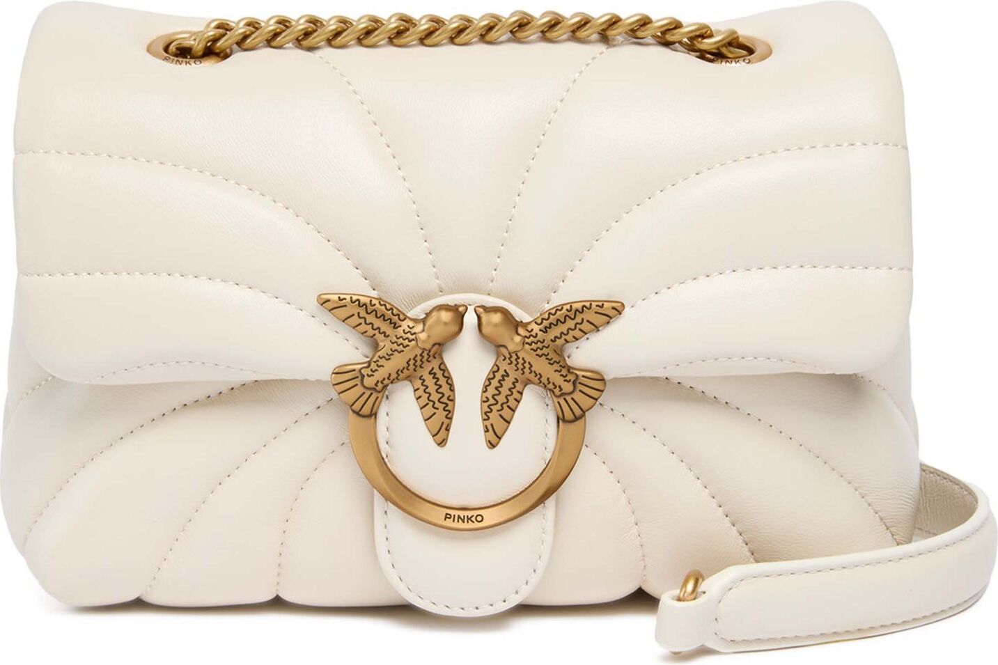 PINKO Leder Umhängetasche Schultertasche Love Puff Mini CL Sheep Nappa Quilt White - Antique Gold creme