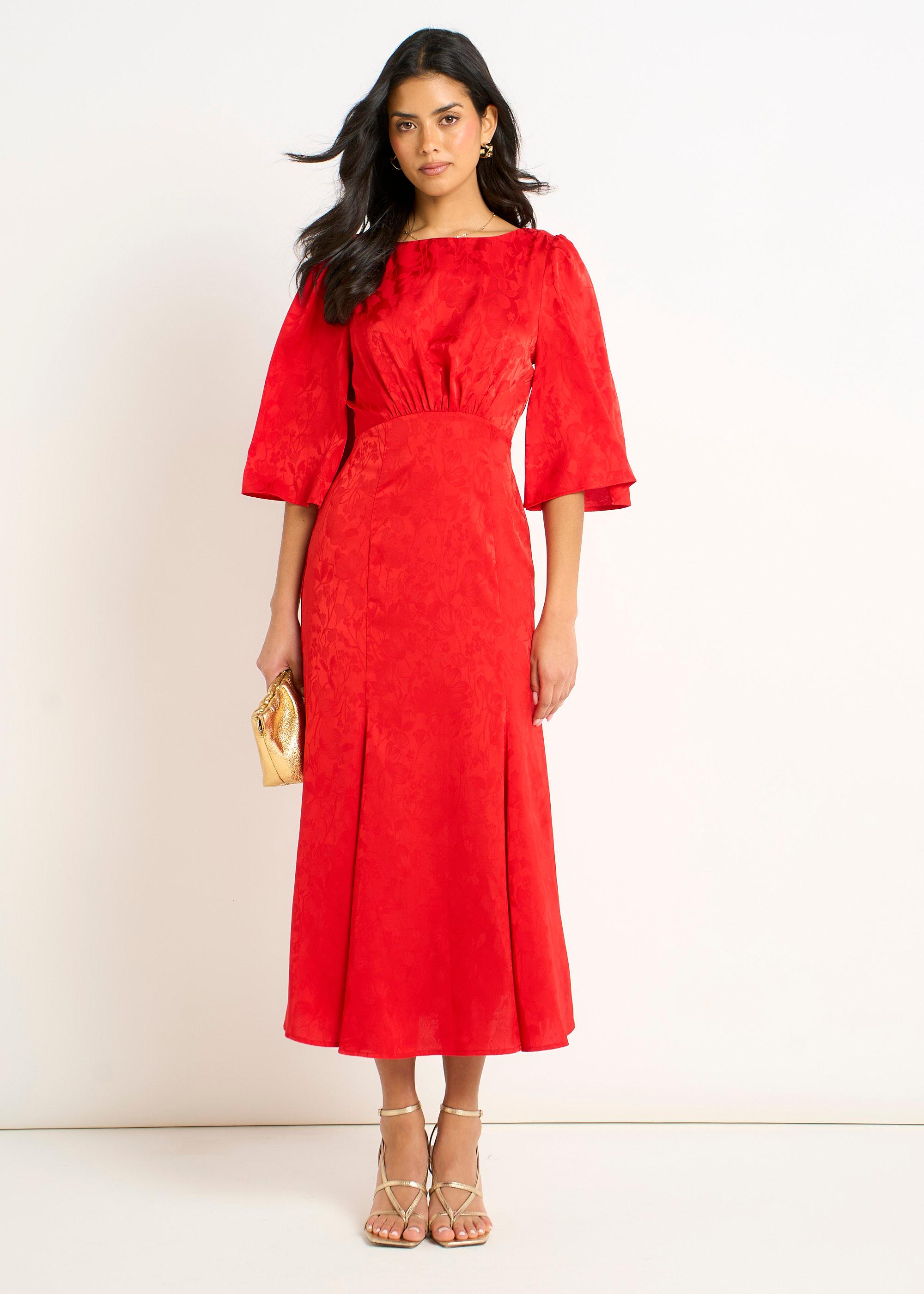 Rotes Midikleid aus Jacquard-Satin
