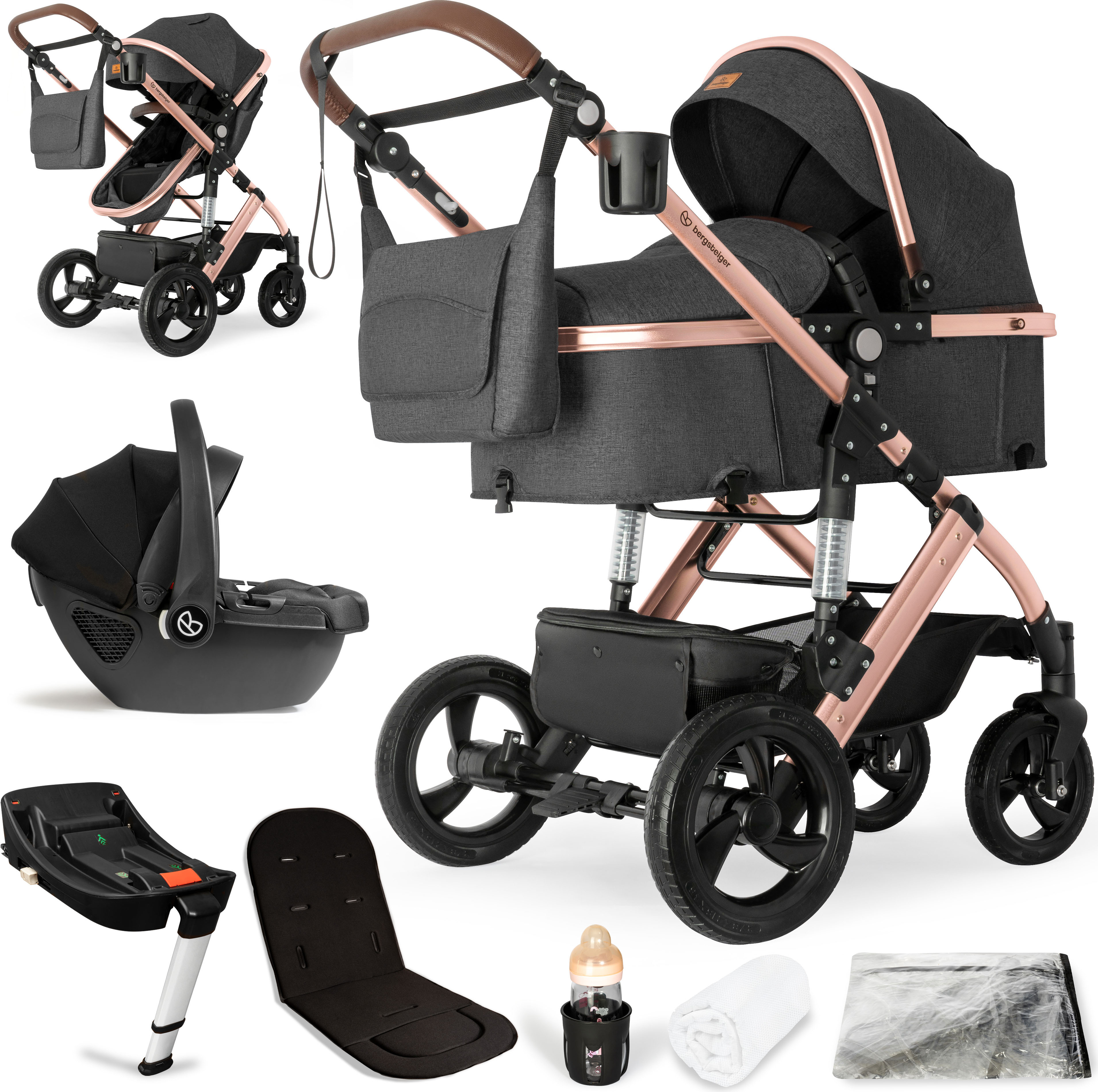 Bergsteiger Nizza 3 in 1 Kinderwagen, Kombikinderwagen Komplettset, Babywanne & Buggy Sportsitz inklusive, Auto-Babyschale & Isofix Station optional
