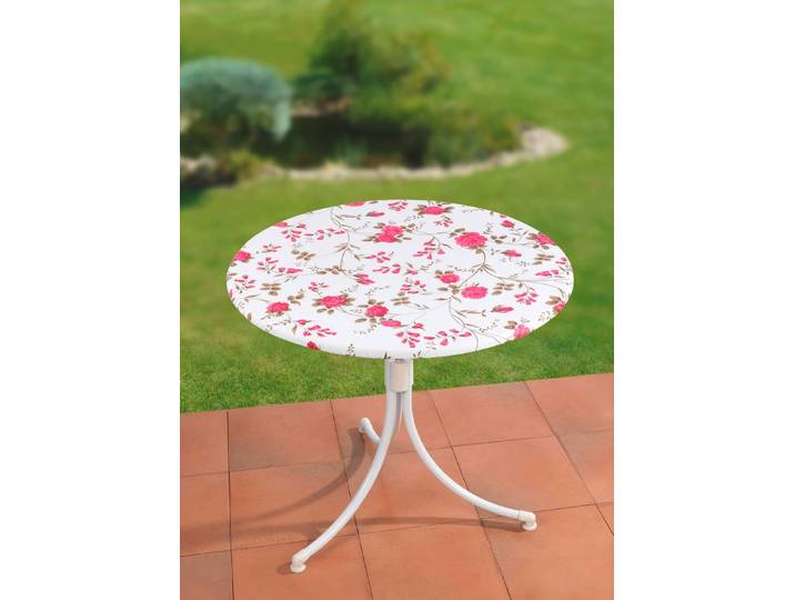 Spann-Tischdecke mit Rosen-Dessin, Weiss-Rosé, Größe 150 (ø 70–86 cm)