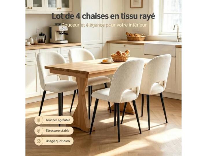 PIPIPOXER lot de 4 Chaise de salle à manger Tissu à rayures côtelé dossier ajouré Facile à installer salle à manger maison