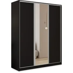 SCHWEBETÜRENSCHRANK TARI 150/205/58 cm 3-türig mit Spiegel und Schubladen Schwarz