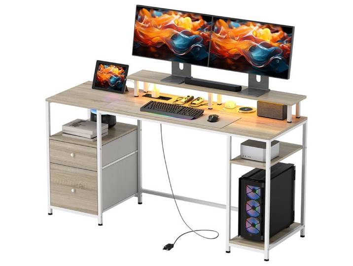 LIA Bureau ordinateur LED USB effet bois naturel 155 5x48x88 5cm