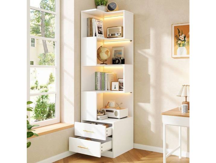 WUVRIE Étagère d'angle blanche 165 cm avec LED 4 niveaux ouverts 2 tiroirs meuble de rangement