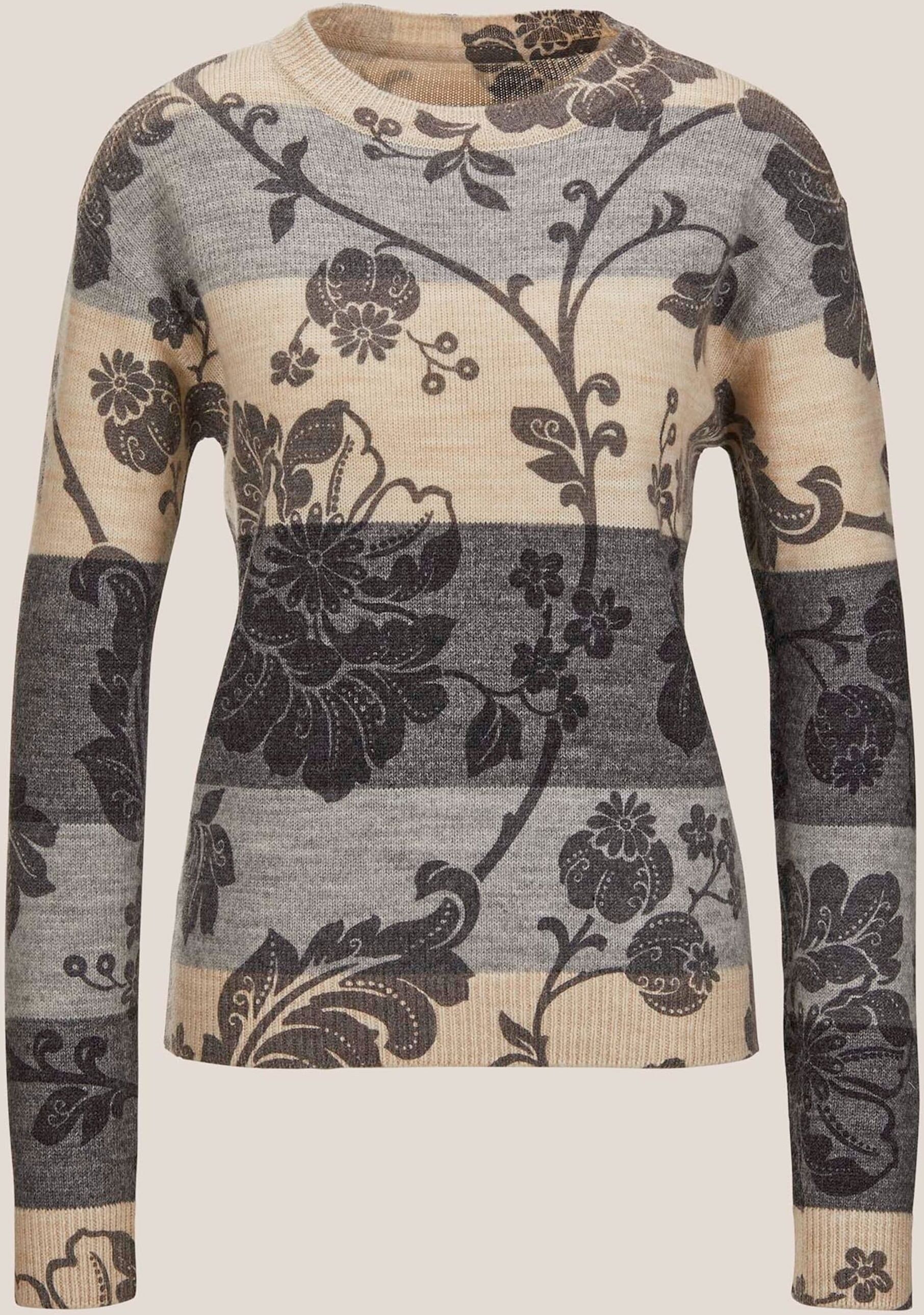 Longpullover MADELEINE "Strickpullover Rundhals-Pullover im Muster-Mix", Damen, Gr. 44/46, grau (berber, steingrau, multicolor), Obermaterial: 52% Polyester PES. 48% Wolle WO., Modern, normal, Pullover Longpullover, Muster-Mix, gestreift und floral bedruc