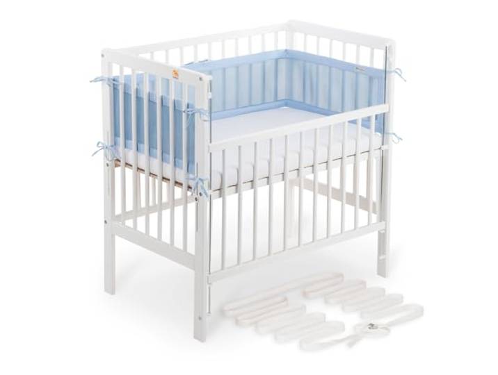 FabiMax Boxspring Baby Beistellbett Flex 90x55, TÜV geprüft, aus Buchenholz weiß lackiert, mit innovativem verstellbarem Seitengitter, passend für Boxspringbetten (Matratze Comfort, Blau)