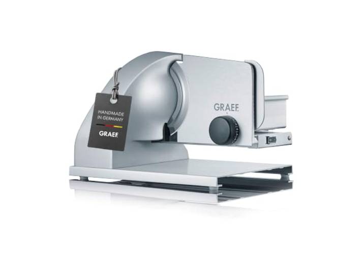GRAEF ABSOLUTE Elektrischer Allesschneider, Made in Germany, Titan-Silber Vollstahlmesser, Stufenlose Schnittstärke (0–15 mm), Aluminiumanschlag, 185-Watt-Motor, Rundführungsschlitten