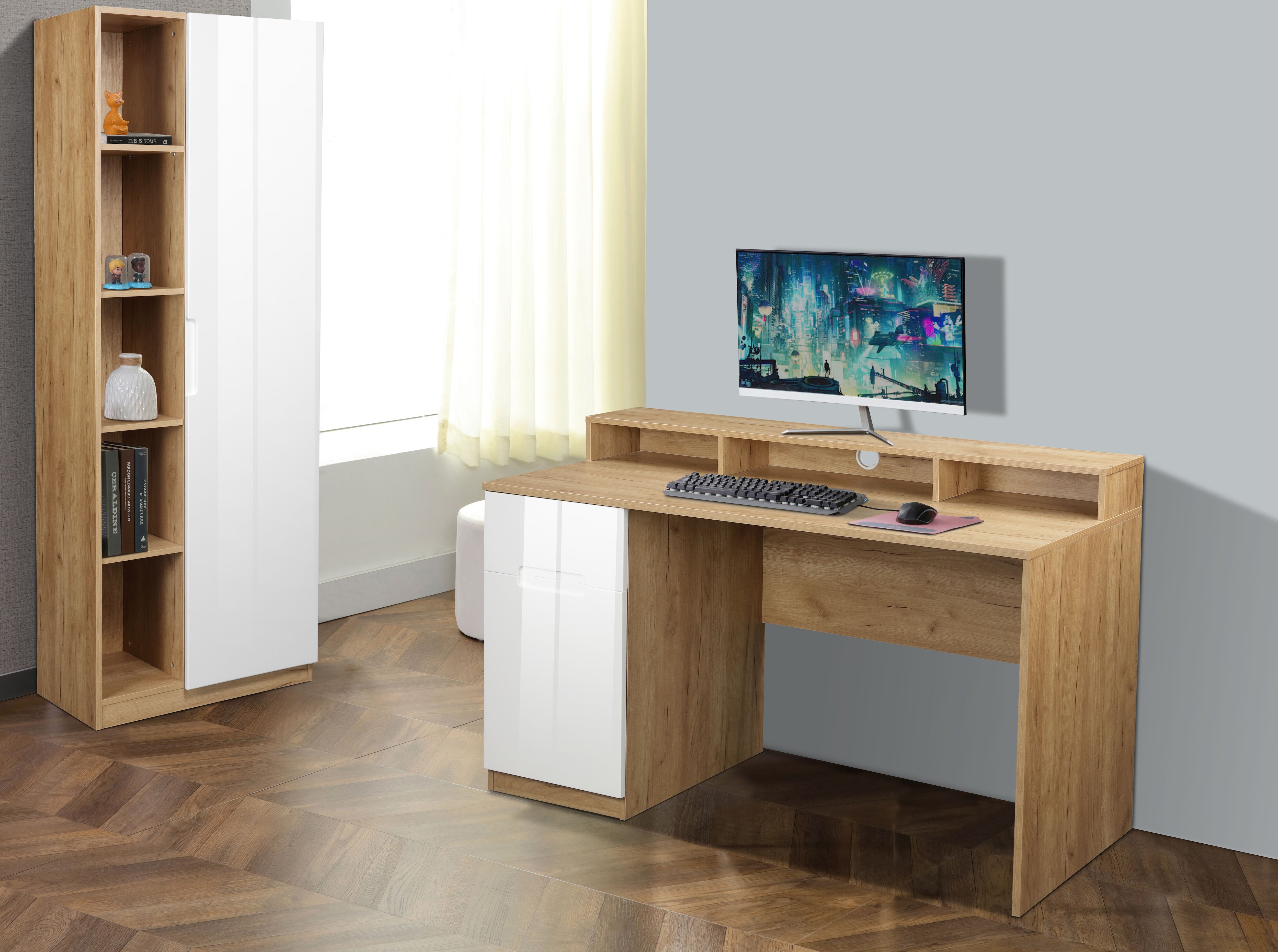 Schreibtisch GOODPRODUCT "Lund", weiss (eichefarben, weiß hochglanz, eichefarben, eichefarben), B:140cm H:75,7cm T:60cm, Tische, Schreibtisch, Monitoraufsatz, Hochglanzfronten, Breite 140 cm eichefarben, weiß hochglanz, eichefarben, eichefarben B/H/T: 140