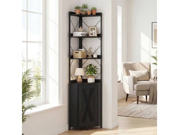 Bibliothèque d'Angle 180CM COSTWAY Rangement à 5 Étagères Garde-Corps Anti-Chute Kits Anti-Basculement pour Salon Cuisine Noir