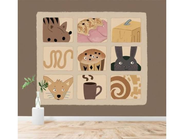 Tzxztt 3D Tapete Niedlich Tiergesichter Kaffeetasse Gebäck Illustration Seidenstoff mit edler Textur Geeignet für Wohnzimmer Schlafzimmer Arbeitszimmer Büro Esszimmer TV Hintergrundwand-430cm×300cm