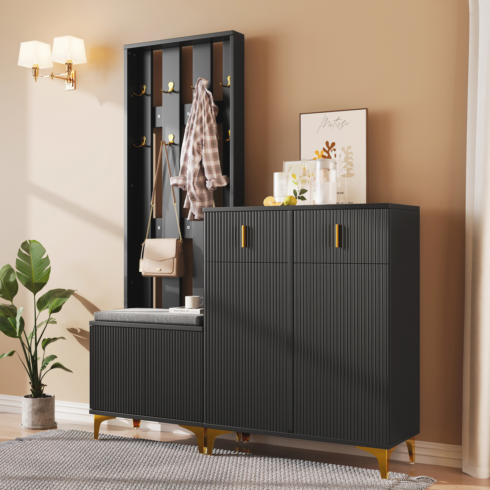 STILVORA 2-in-1 Garderobeset met Kleerkast, Schoenenbank en Dressoir, Zwart
