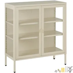 TecTake GmbH tectake Metallvitrine, BAKER, pulverbeschichteter Stahl, Glasscheiben, Magnetverschluss, verstellbare Zwischenboeden, Kippschutz, creme