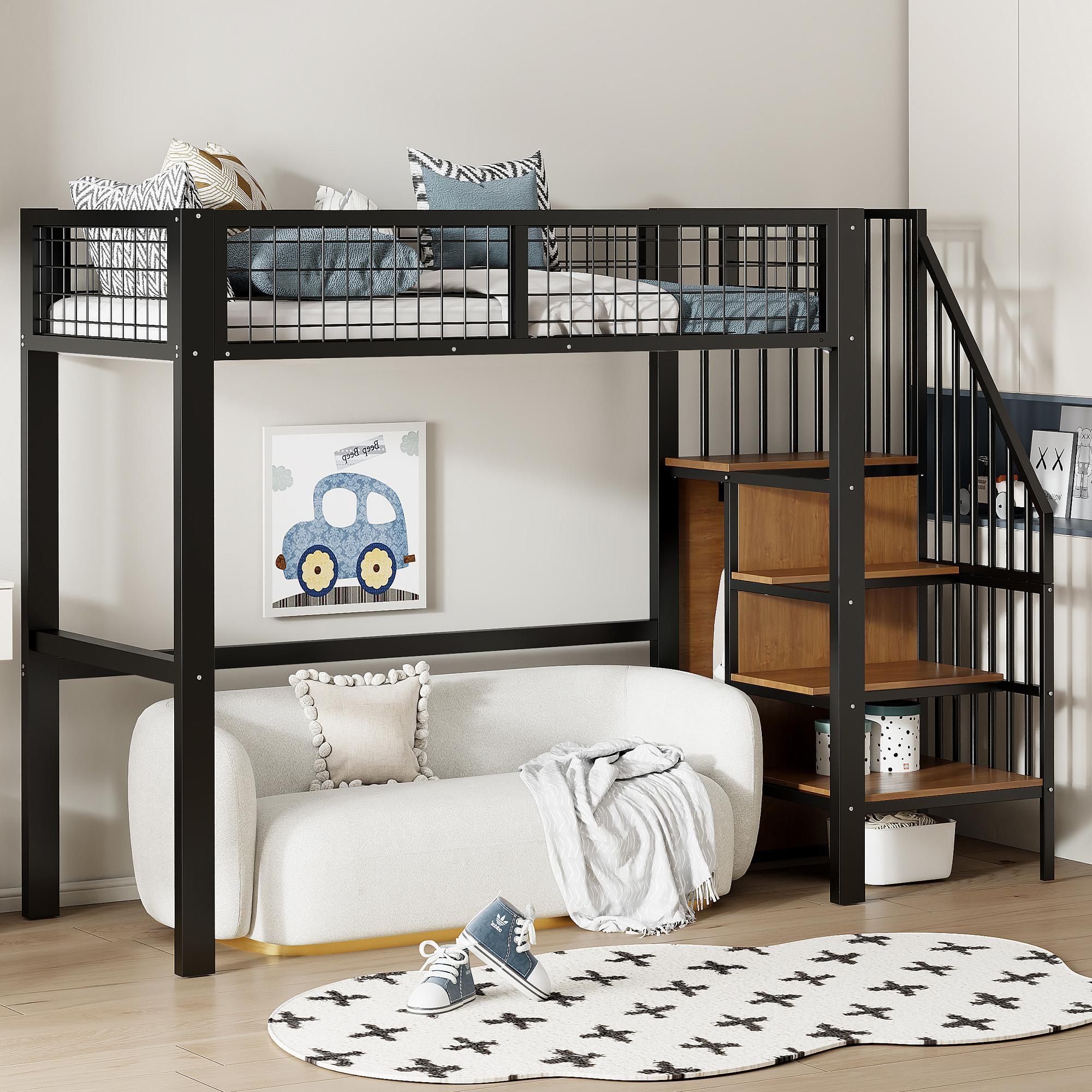 Hochbett (90 x 200 cm) mit Leiter, Kinderbett mit Eisenrahmen und Ablagefach, schwarzer Kleiderschrank